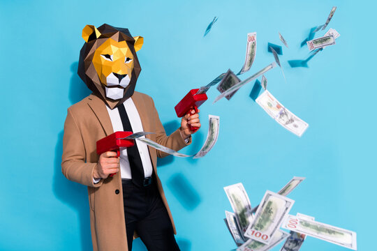 Profile side photo of weird creative lion character man shoot money jackpot credit pistol isolated over blue color background