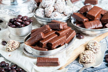 Assortment of delicious chocolate candies background. Chocolate candy isolated 