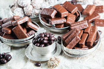 Assortment of delicious chocolate candies background. Chocolate candy isolated 