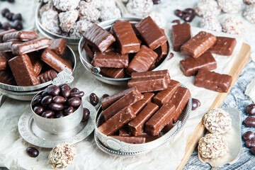 Assortment of delicious chocolate candies background. Chocolate candy isolated 