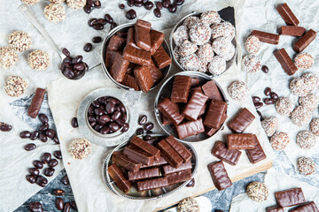 Assortment of delicious chocolate candies background. Chocolate candy isolated 