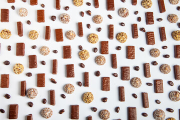 Assortment of delicious chocolate candies background. Chocolate candy isolated 