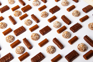 Assortment of delicious chocolate candies background. Chocolate candy isolated 