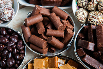 Assortment of delicious chocolate candies background. Chocolate candy isolated 