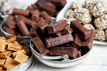 Assortment of delicious chocolate candies background. Chocolate candy isolated 