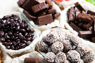 Assortment of delicious chocolate candies background. Chocolate candy isolated 