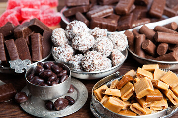Assortment of delicious chocolate candies background. Chocolate candy isolated 