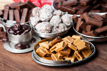 Assortment of delicious chocolate candies background. Chocolate candy isolated 