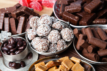 Assortment of delicious chocolate candies background. Chocolate candy isolated 