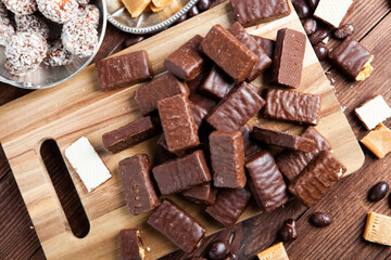 Assortment of delicious chocolate candies background. Chocolate candy isolated 