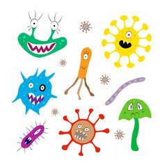 Bacteria, superbug, virus icons set. Vector Illustration for backgrounds, covers, packaging, greeting cards, posters, stickers, textile, seasonal design. Isolated on white background.