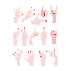 Woman hands with classy red nails manicure vector clipart set isolated on white. Sassy girl power inspirational hand gestures illustrations. Red Pink aesthetic fashion design element.