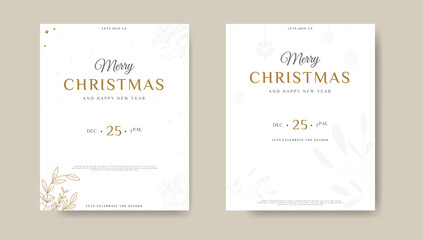 Fototapeta na wymiar Merry Christmas Invitation Card Template with Leaf and Snowflakes Gift Illustration in Hand drawn Flat Design