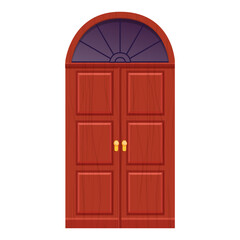 Arch wooden door, front entrance with window, textured in cartoon style isolate on white background. Ui game asset, medieval decoration