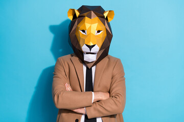 Photo of weird incognito guy wear lion costume cross hands prepare theme event party isolated over...
