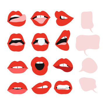 Woman mouth coquettish expressions vector clipart set isolated on white. Sassy girl power illustration collection. Classy red lips makeup with speech ballons fashion design element.