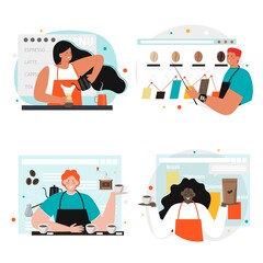 People brewing, demonstrating coffee, vector isolated illustration. Barista cartoon character set. Coffee advertising.