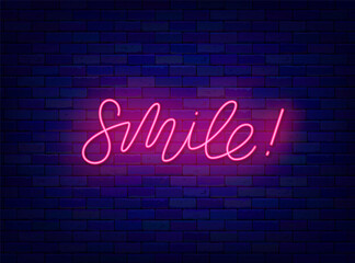 Smile neon lettering. laughter shiny calligraphy. Glowing quote. Online messaging. Vector stock illustration