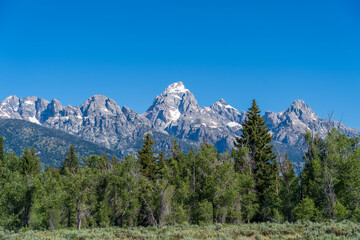 The rocky peaks of the Grand Teton mountain range near Jackson Hole, Wyoming