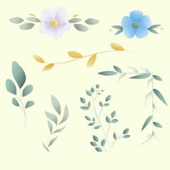 Set of flowers and leaves in light colors