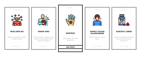 Anemia Patient Health Problem Onboarding Mobile App Page Screen Vector. Fanconi And Autoimmune Hemolytic Anemia Disease, Dizziness, Shortness Of Breath And Irregular Heartbeats. Illustrations