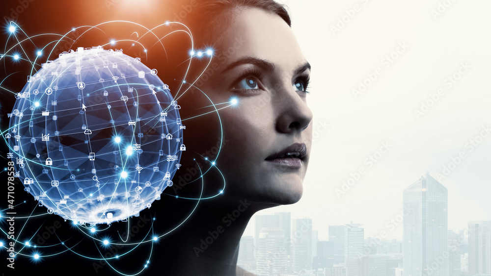 Aufkleber AI (Artificial Intelligence) concept. Deep learning. Digital transformation.
