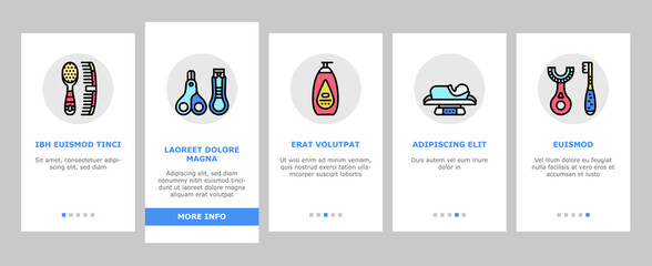 Baby Accessories And Equipment Onboarding Mobile App Page Screen Vector. Baby Lotion And Powder Cosmetics, Nail Clippers And Thermometer, First Aid Kit Weight Scale, Swabs Snot Sucker. Illustrations