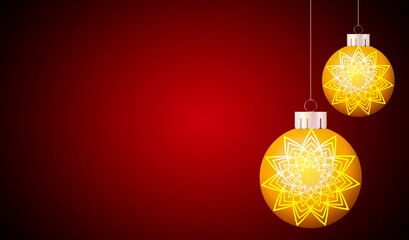Fondo rojo de navidad con bolas de navidad doradas.
