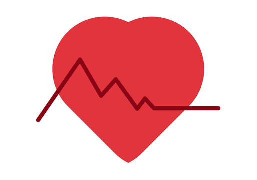 Corazón rojo con gráfico de pulso cardiaco.
