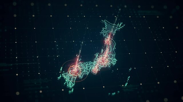 High-tech digital Japan map with animated visual HUD elements , futuristic grid, lines, glowing circles and random coding. Motion video is great for visualization and promotion of Hi-tech projects.