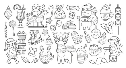Set of christmas outline elements for coloring book. Santa Claus, xmas elf, deer, penguin and holiday decorations. Vector isolated illustration.