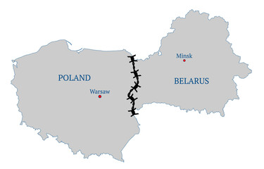 Border crisis of Poland and Belarus. The problem of migration and refugees. Contour of state borders. Barbed wire along the border. Names of countries and capitals. Concept of crisis.