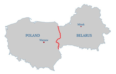 Fototapeta premium Border crisis of Poland and Belarus. The problem of migration and refugees. Contour of state borders. Names of countries and capitals. Red line along the border. Concept of crisis.