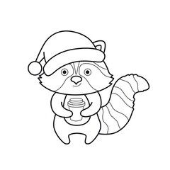 Raccoon in christmas hat holding coffee cup. Cute cartoon animal character. Funny outline illustration. Vector isolated emblem for logo, coloring book, tattoo, print.