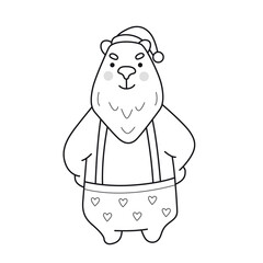 Polar bear in christmas hat and pants with suspenders. Cute cartoon character. Funny cute outline illustration. Vector isolated emblem for logo, coloring book, tattoo, print.