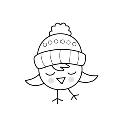 Small chicken bird in christmas winter hat. Cute cartoon animal character. Funny outline illustration. Vector isolated emblem for logo, coloring book, tattoo, print.