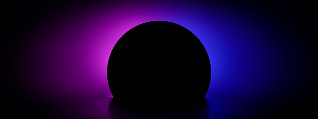 Cyberpunk 3D Rendering blue and pink neon circular frame with empty space like ultraviolet light in form of 80's retro style background. Fashion show stage or abstract