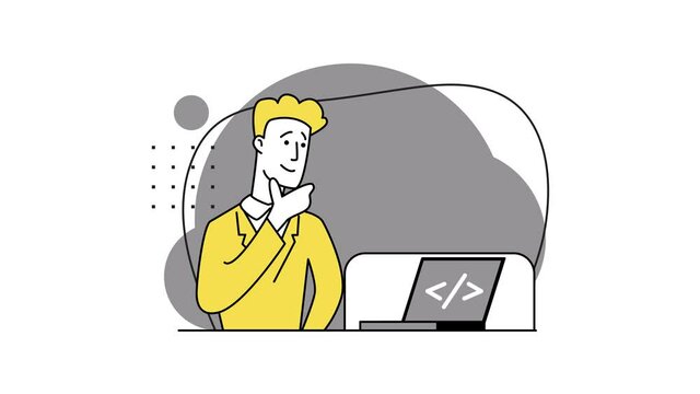 Concept of script coding, programming. A programming language. Programmer working on web development on computer. Software developers. Workplace of the programmer. 2D Flat animation. Motion video.