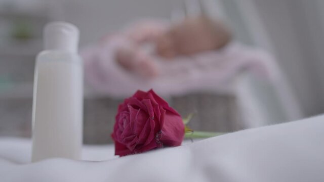 Red beautiful rose flower lying indoors with female hand taking baby powder bottle and blurred infant sleeping at background. Caucasian mother taking care of little baby daughter at home. Slow motion