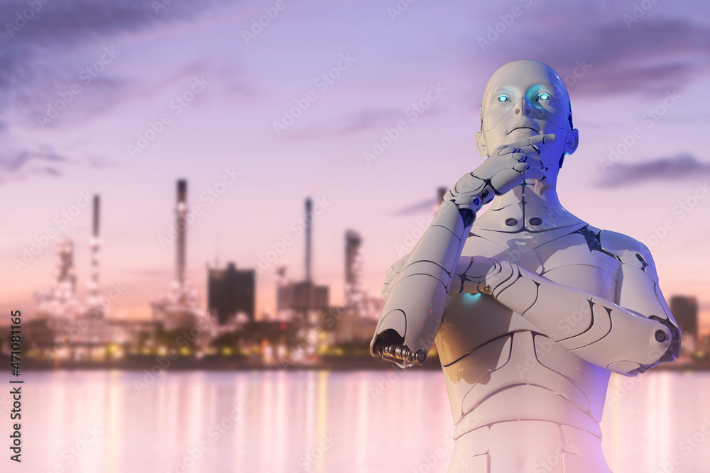 Wall mural industrial humanoid robot with petroleum gas oil plant factory background, power energy saving susta - Wall murals