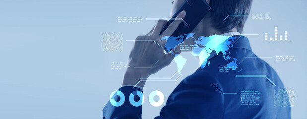Business man talking on mobile phone futuristic interface data analytic graph chart background, finance online network communication digital world global technology