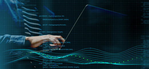 Business man typing on laptop hand close up stock exchange decentralized finance business trading data analytics technology
