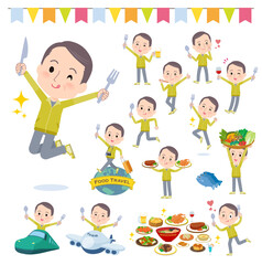 食のイベントに関するスポーツウエアを着た中年薄毛男性のセット