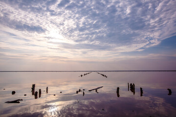 Panoramic view of colorful Pink Salt Lake at sunset. Nature landscape background.  
