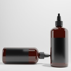 two brown glass bottles with blank label and black cap on white background 3d render