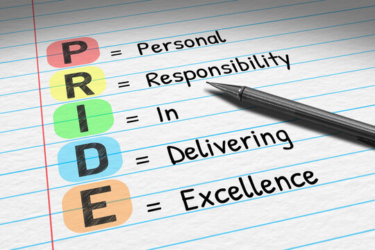 PRIDE - Personal Responsibility In Delivering Excellence. Business acronym on note pad. 3D Illustration.