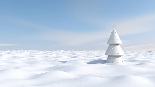  Christmas on snow white with sky background. 3D illustration, 3D rendering