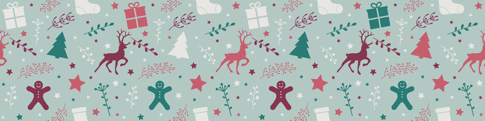 Design of seamless pattern with Christmas ornaments. Panoramic header. Vector