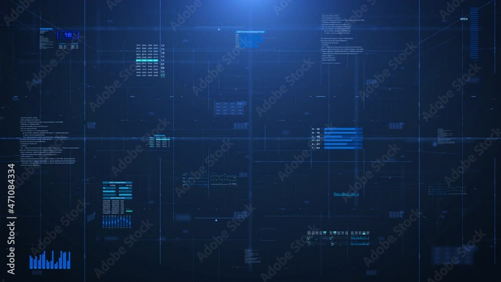 Poster HUD Digital Cyberspace Futuristic Graphic User Interface Telecommunication Information Display.
UI, GUI 3D Depth of Field Technology 4K Motion Screen Background.