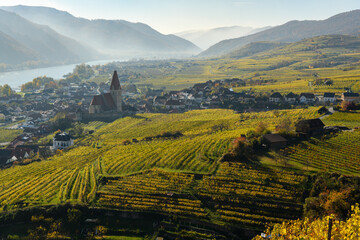 Weissenkirchen Wachau Austria in autumn colored leaves and vineyard